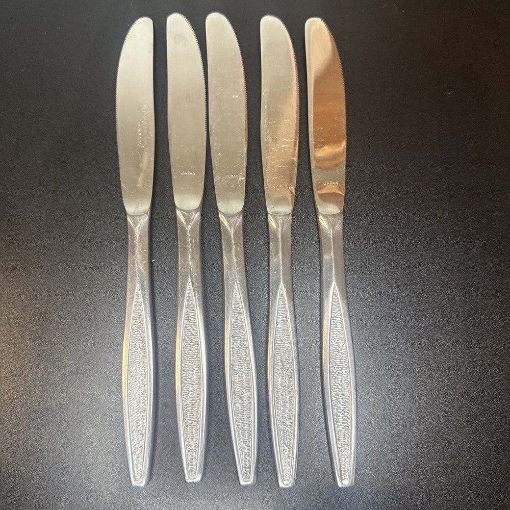 vtg Stainless Steel Flatware CUD3 Custom Design‎ Japan 5 Knives MCM textured
